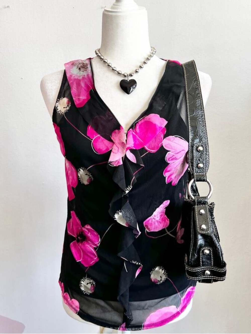 INC. Petite M, Black Floral Ruffle V-Neck Tank with Pink Blossoms